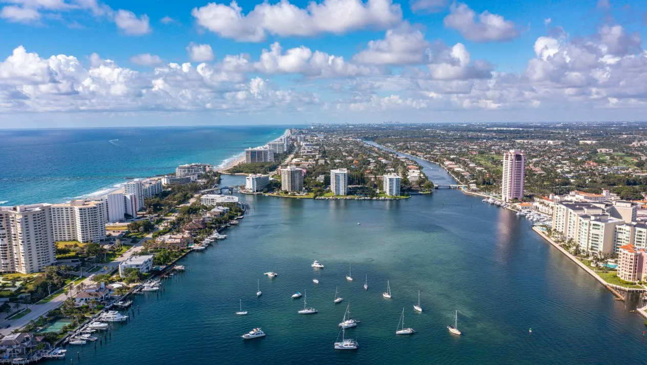 Full aerial sky view of lake Boca Raton 2024 on a sunny day